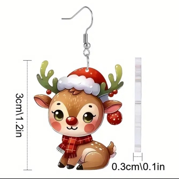 Festive Christmas Reindeer Acrylic Dangle Pierced  Earrings. NWOT - Picture 3 of 3
